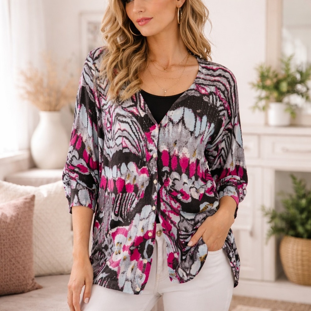 Artsy Floral Lightweight Cardigan Tunic Sz L Multicolor Abstract Beaded Layering